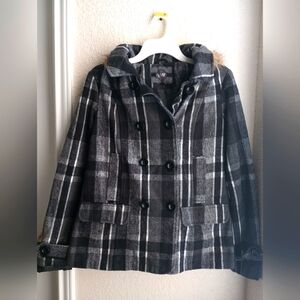 Women's Black and gray checkered coat size Large with detachable hood